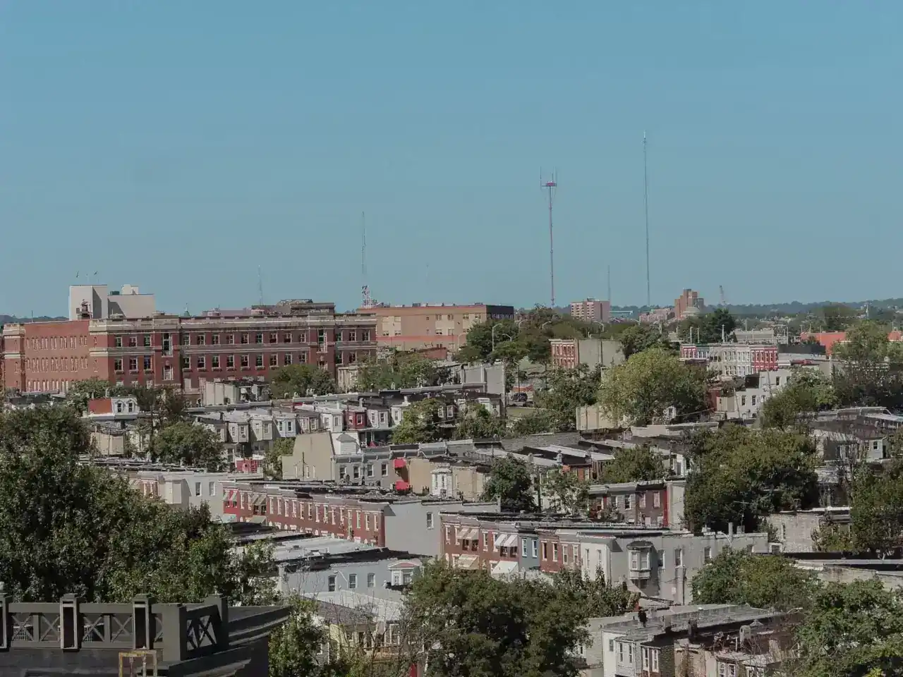 Baltimore rowhouse skyline with rooftop air conditioning units