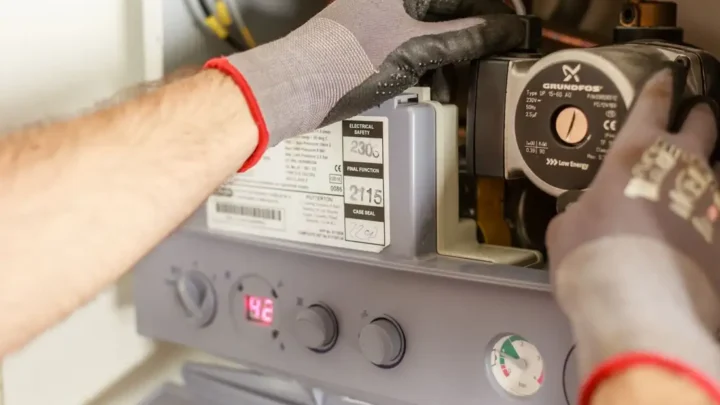 Hands adjusting a boiler heating system with precise instruments