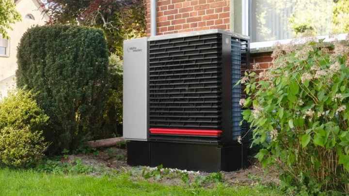 Energy-efficient heat pump in a residential garden