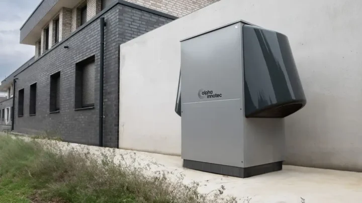 Heat pump installed outside a contemporary building