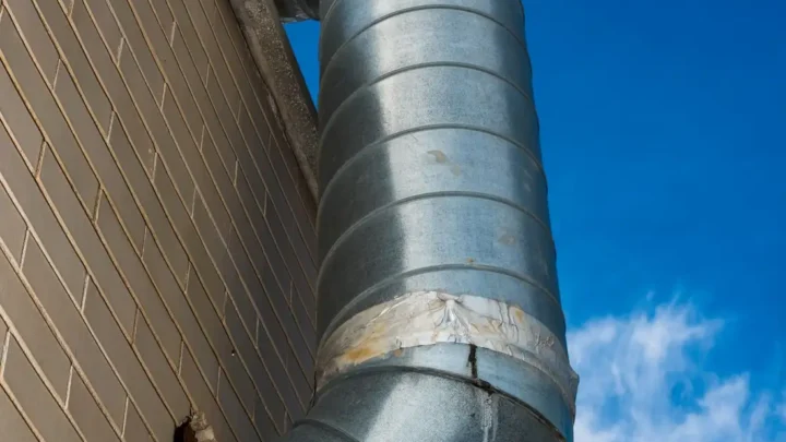 Large air duct attached to a brick wall