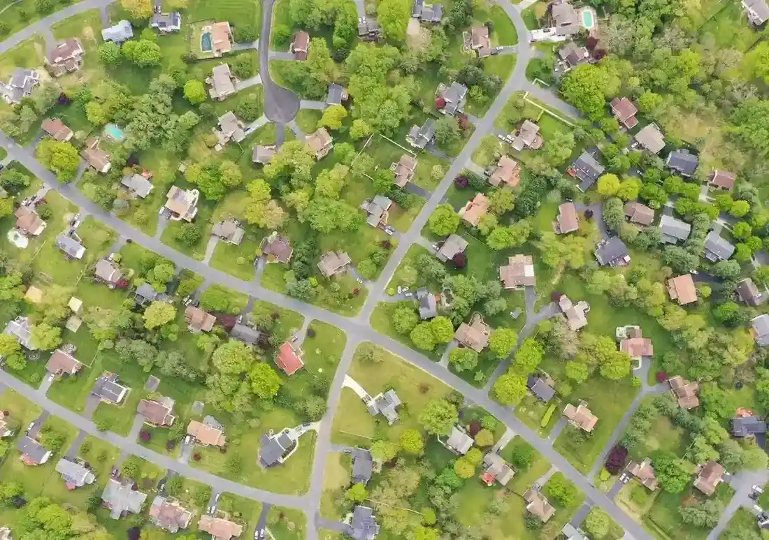 Aerial view of a Maryland suburban neighborhood with curved streets
