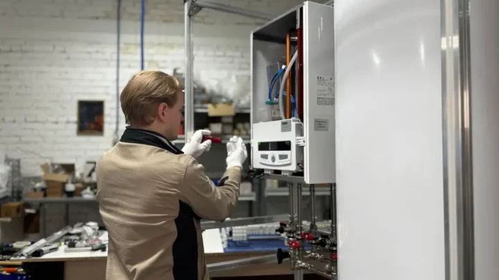 Technician inspecting and repairing a heating system
