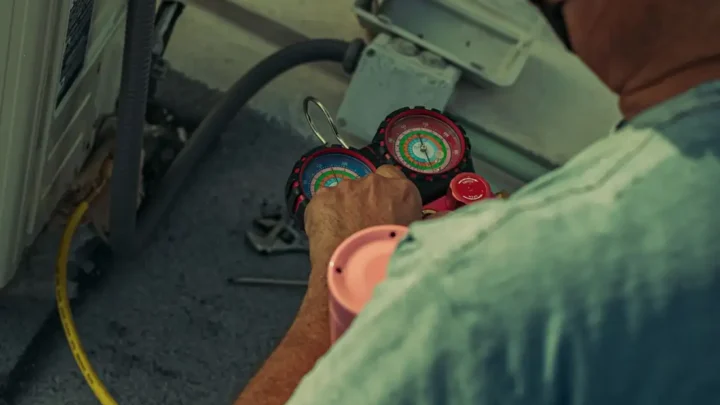 Technician repairing an outdoor air conditioning unit with gauges and tools