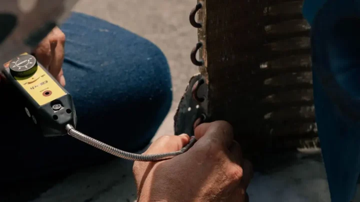 Technician servicing an air conditioner unit with tools