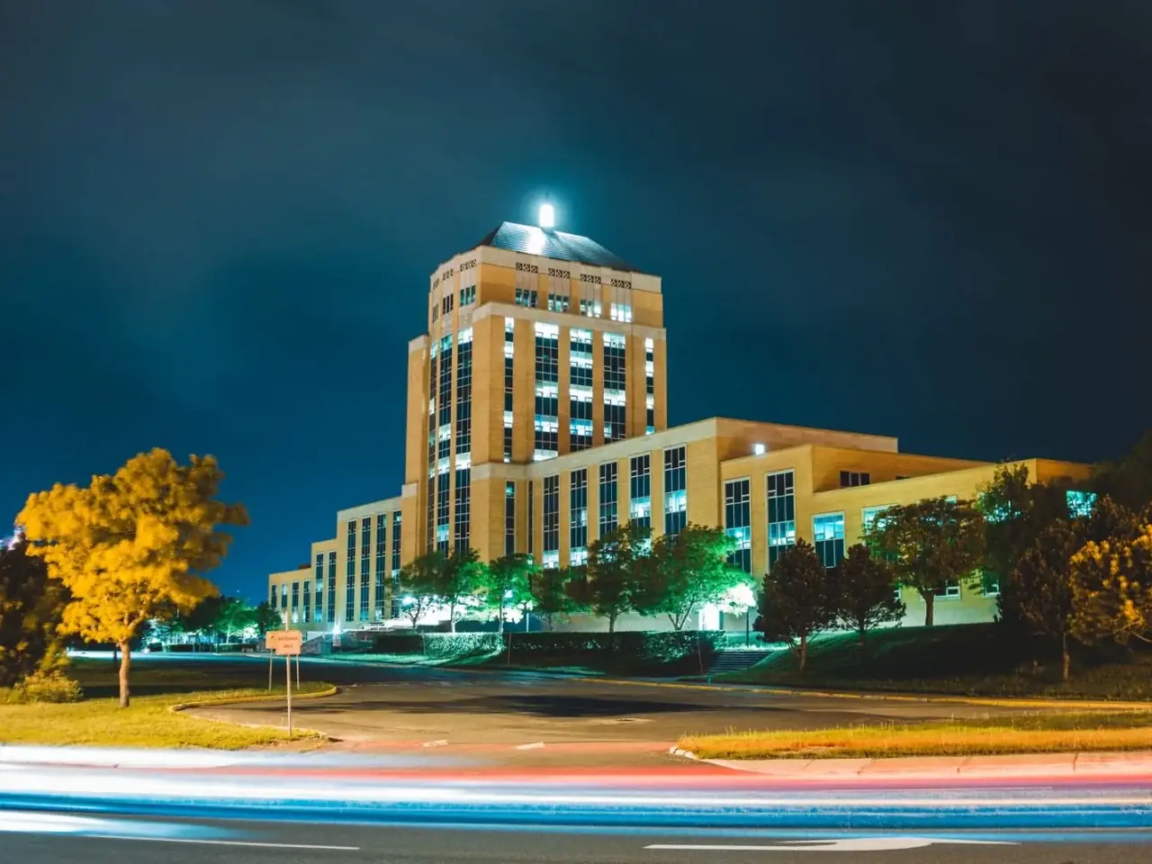 Towson courthouse tower at night